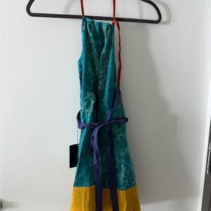 Tocca Teal Green and Mustard Yellow Girls' Casual Dress with Purple Tie